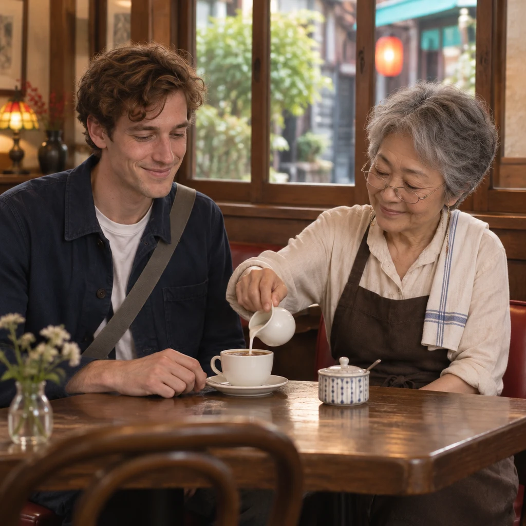 Masako pours a little milk into Leo's coffee after he requests just a little.