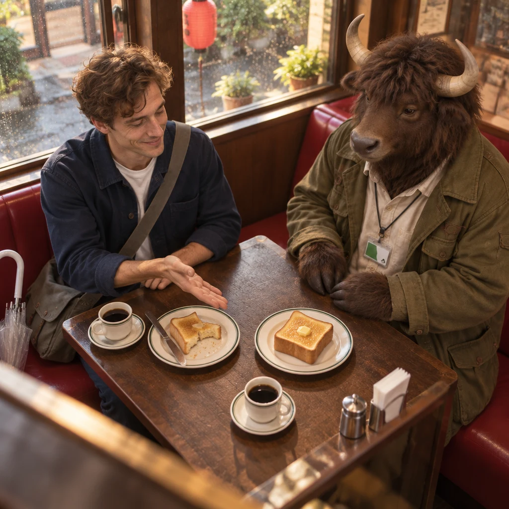 Leo gestures toward the extra toast as Goro watches the plate across the booth table.