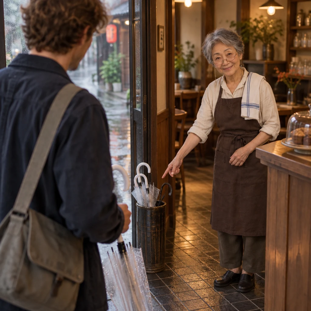 Masako points from the counter toward the umbrella stand in front of Leo.