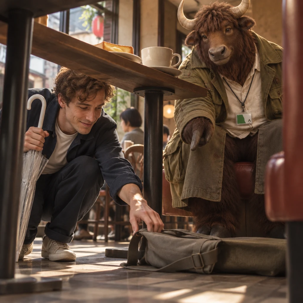 Leo crouches beside the table as Goro points underneath it to Leo’s bag.
