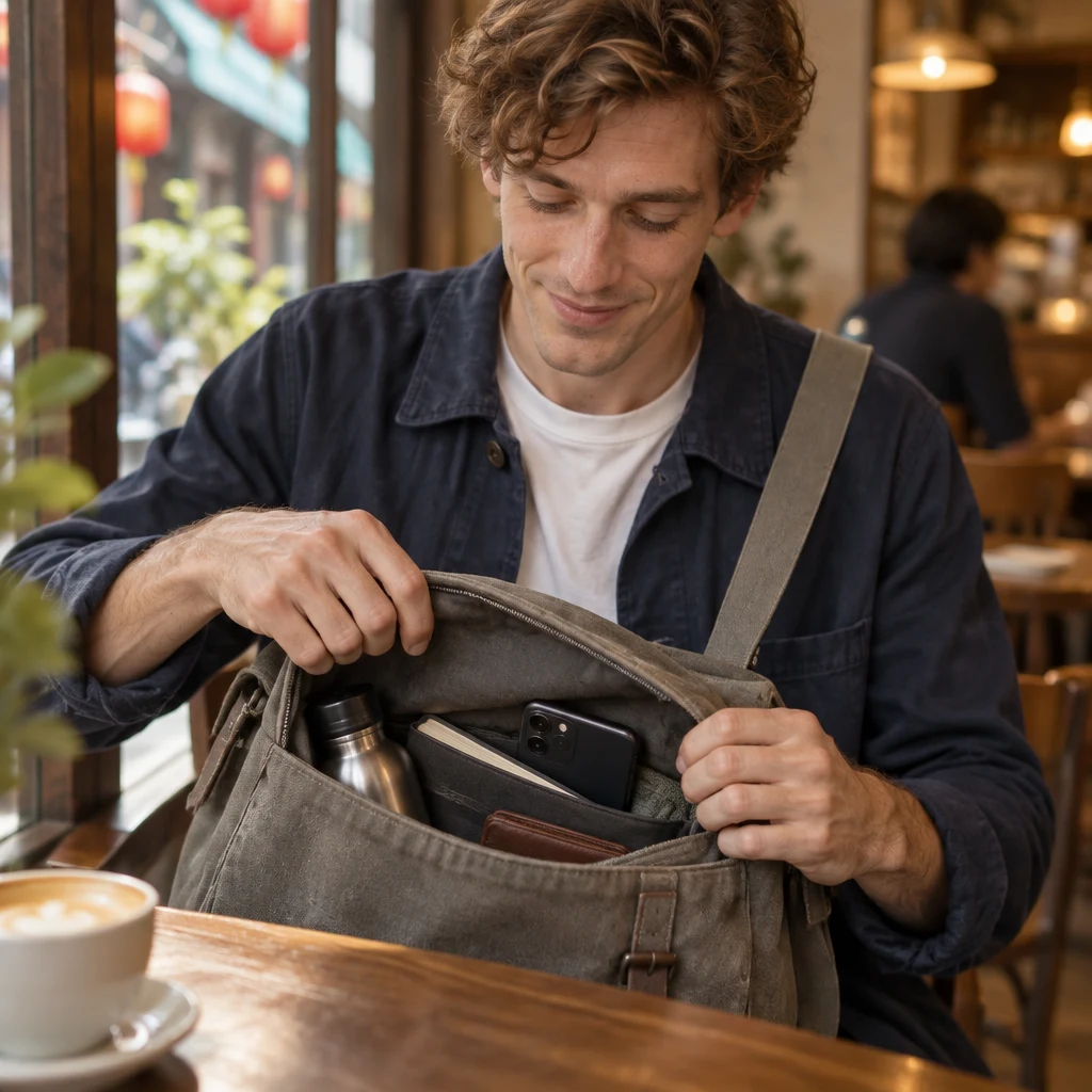 Leo opens his bag and finds his phone inside.