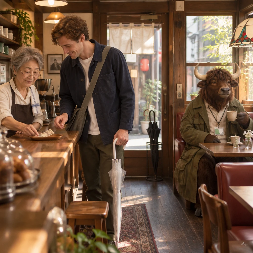 Masako sets a small bill on the tray as Leo leans in and Goro's transit card hangs above it.