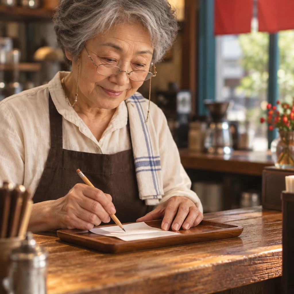 Masako points with a pencil to a spot on the bill resting on the tray.