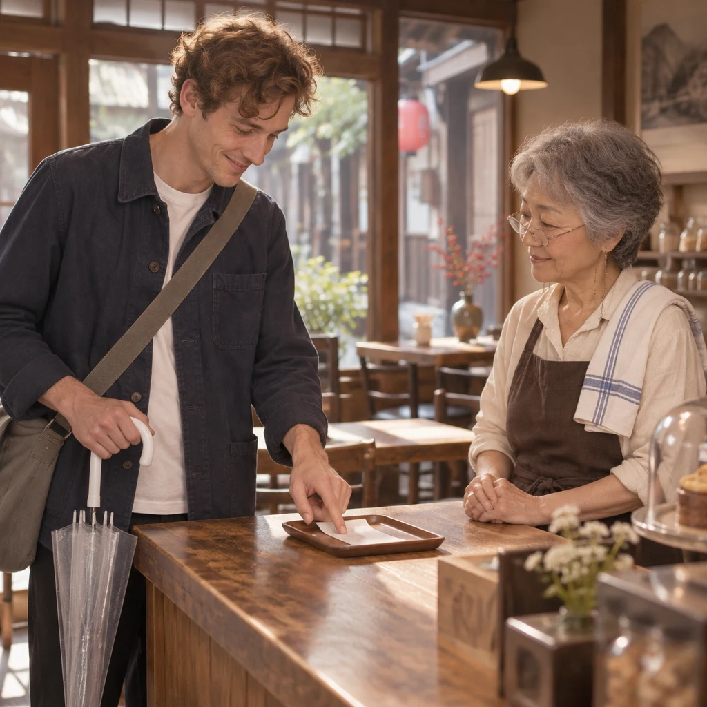 Leo points to a part of the bill while Masako waits across the counter.