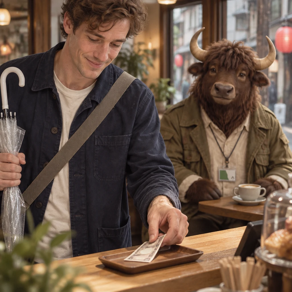 Leo looks down as he places a banknote on the tray beneath Goro's dangling transit card.