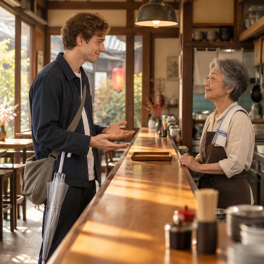 In profile, Leo holds his palms open toward Masako across the tray.