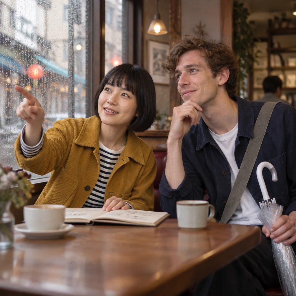 Haruka gestures toward the shop window as she explains where someone was looking inside.