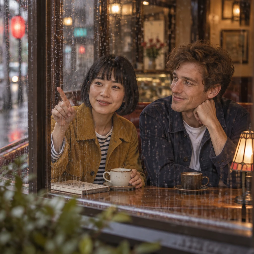 Haruka recalls when the person was outside as Leo listens beside the rain-streaked window.