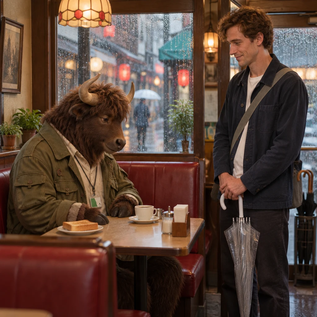 Goro sits across the booth seats and looks down at his untouched coffee while Leo waits beside him.