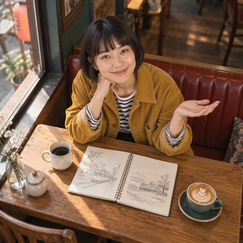 Haruka raises one hand beside her open sketchbook as she asks whether Leo would prefer the slower train.