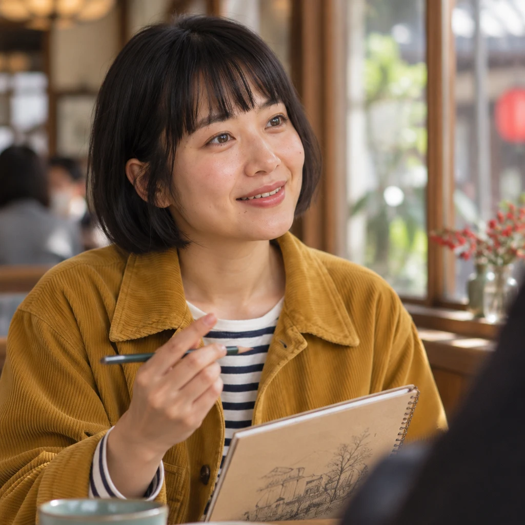 Haruka tilts her head and explains why arriving sooner would give them more time in Kyoto.