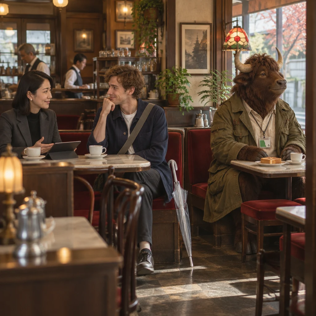 Mori-san sets her tablet on the booth table while Leo sits across from her and Goro occupies two red seats beside thick toast and untouched coffee.