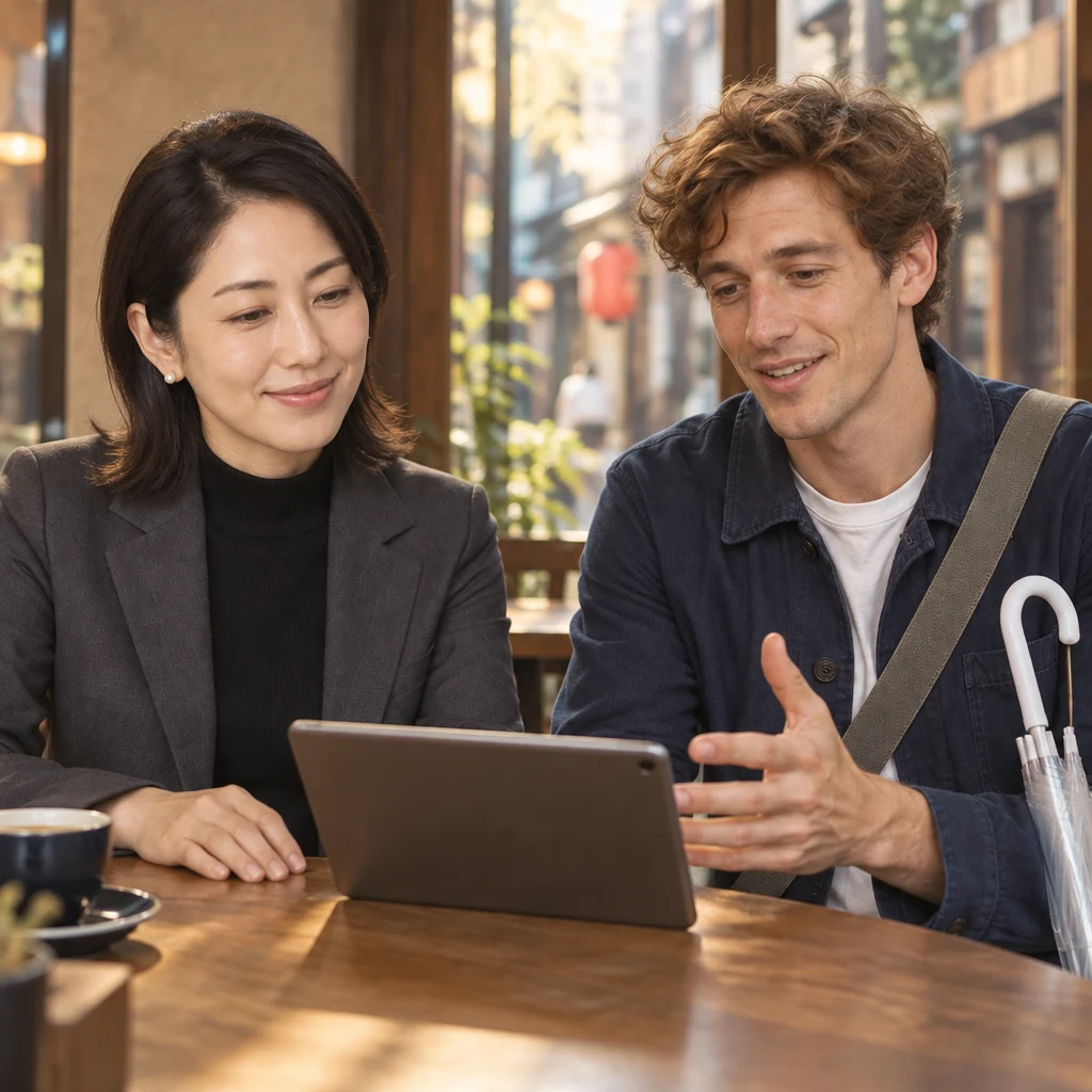 Leo makes an assured open-hand gesture beside Mori-san's tablet, confirming her point.