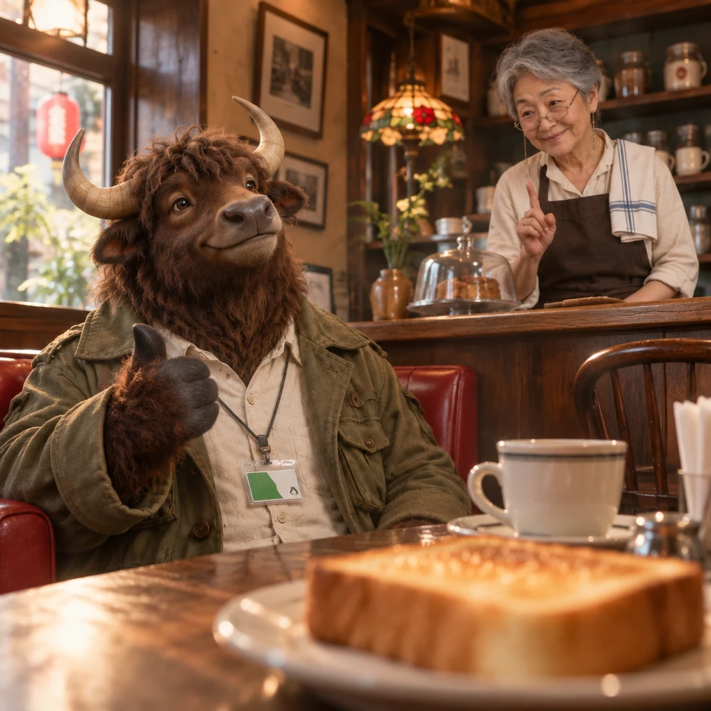 Goro looks up from his toast and nods enthusiastically while Masako turns her attention toward him from the counter.