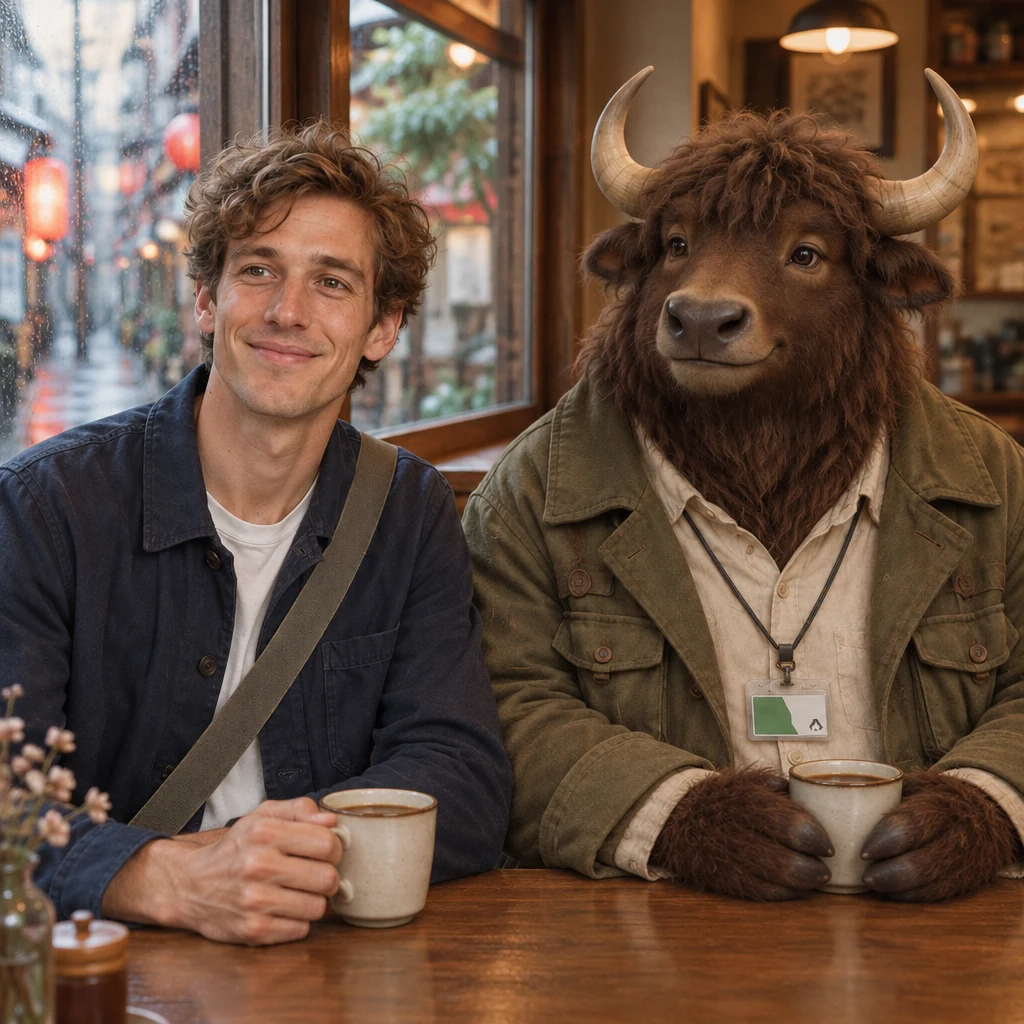 Leo holds his blend coffee with a pleased, relaxed posture.