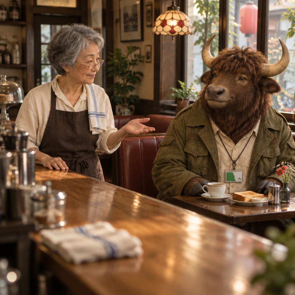 Masako pauses at the counter and turns toward Goro with a questioning gesture.