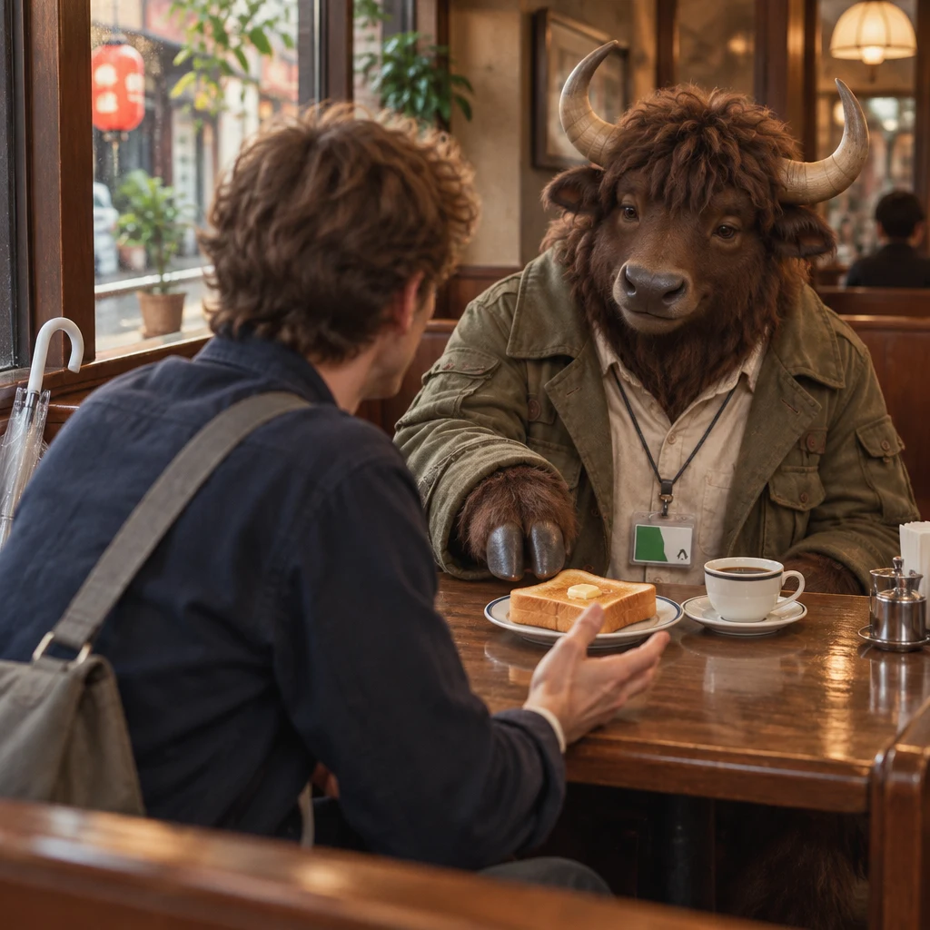 Leo leans forward as Goro reaches toward the thick buttered toast.