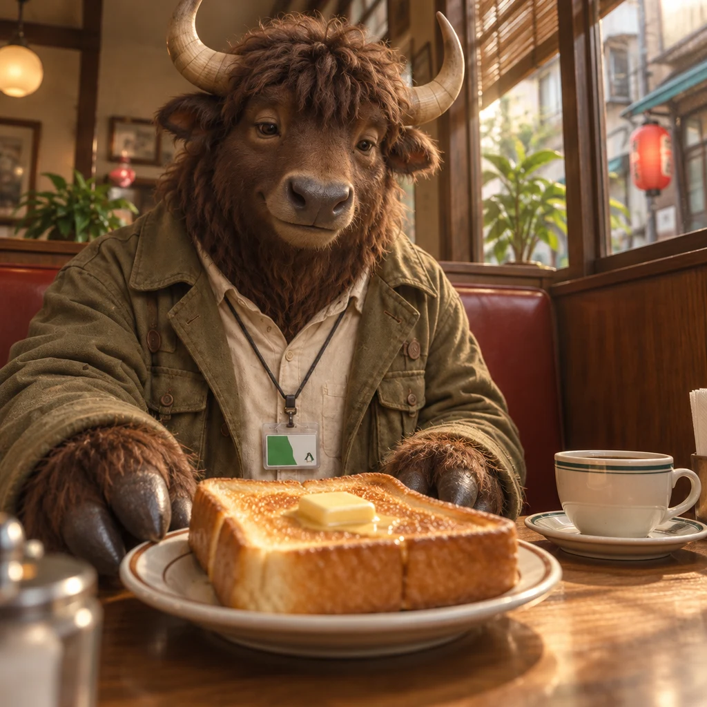 Goro draws the thick buttered toast closer with a delighted posture.