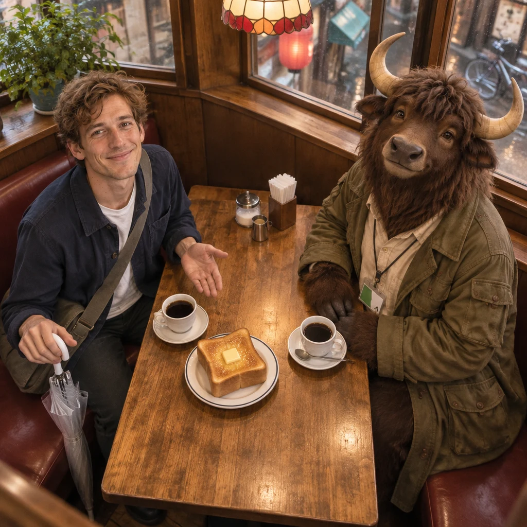 Leo gestures toward both the toast and the coffee while Goro sits across from him.