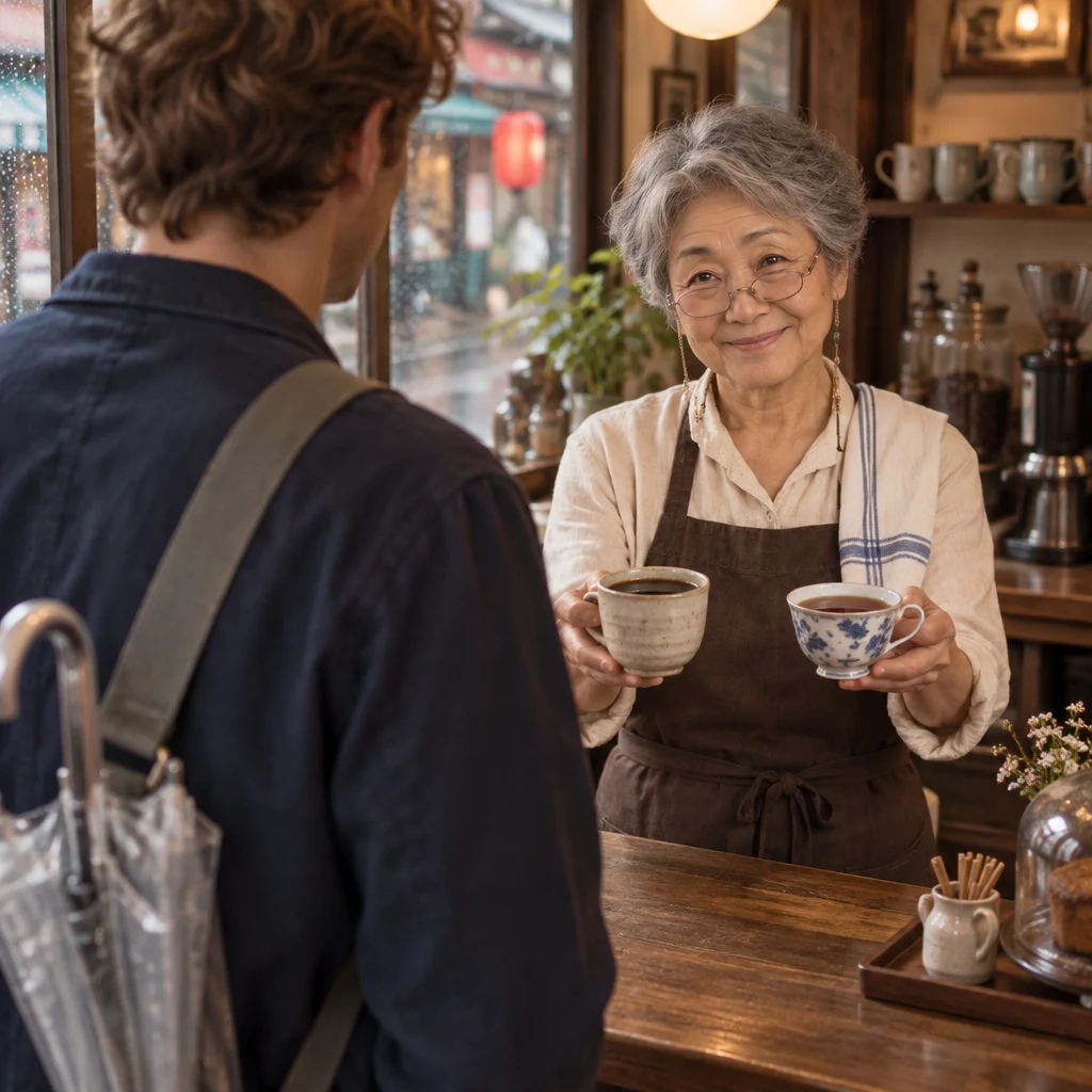Masako offers Leo a choice between the blend coffee and black tea.