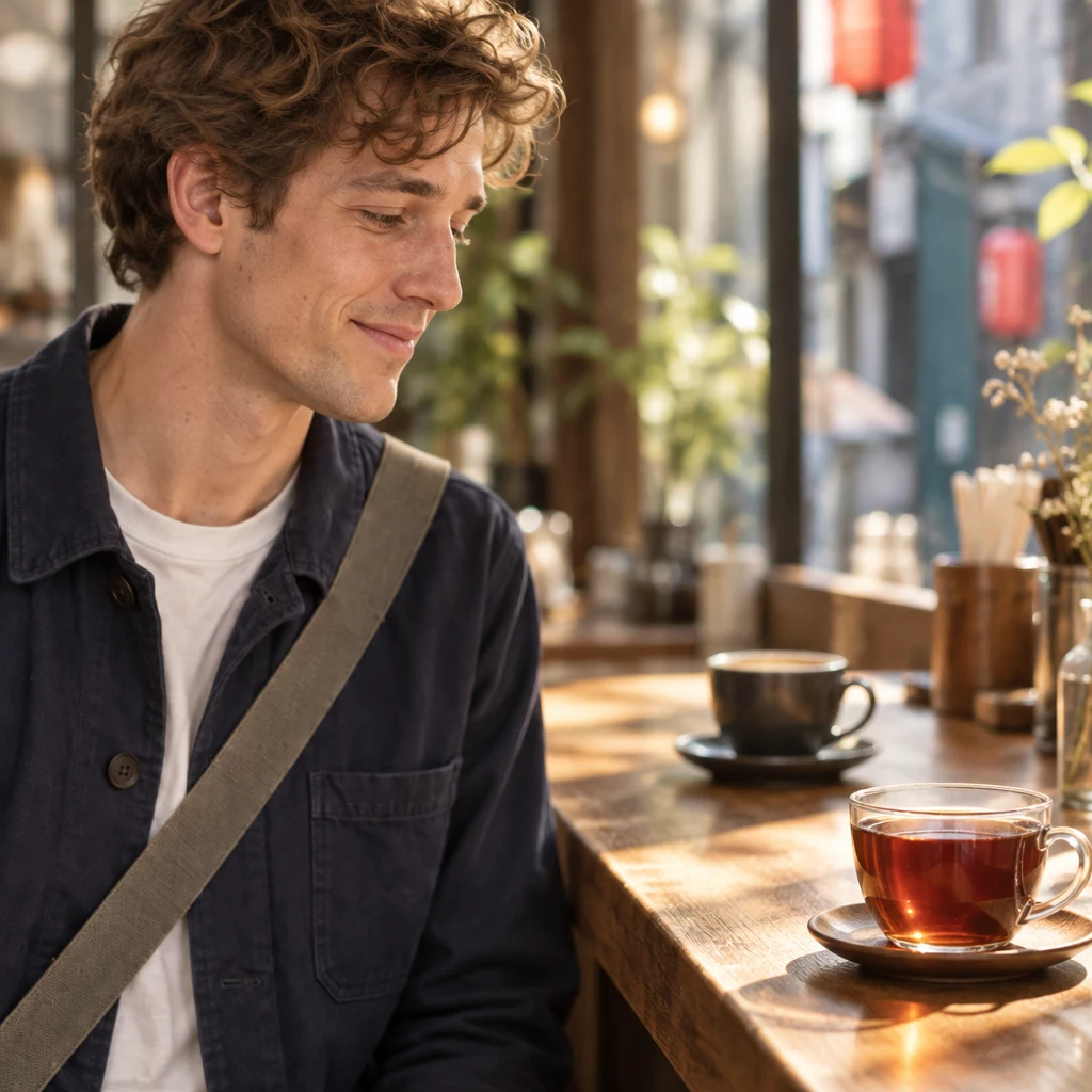 Leo turns his attention toward the black tea while the blend coffee remains farther back.