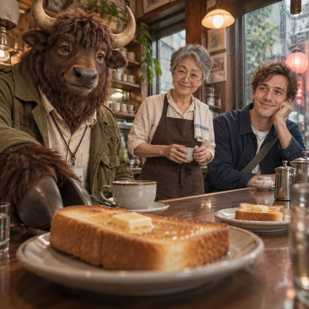 Goro takes the larger slice of toast while his blend coffee remains untouched.