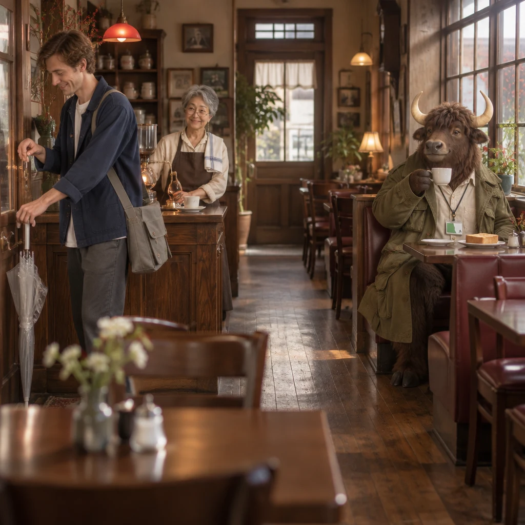 Leo hangs his clear umbrella at the counter while Masako works behind it and Goro settles in the corner booth with toast and unfinished coffee.