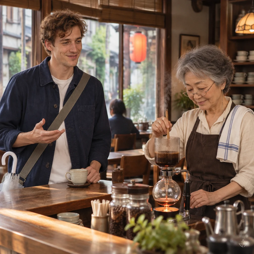 Leo stands at the wooden counter and gestures matter-of-factly while Masako prepares coffee across from him.