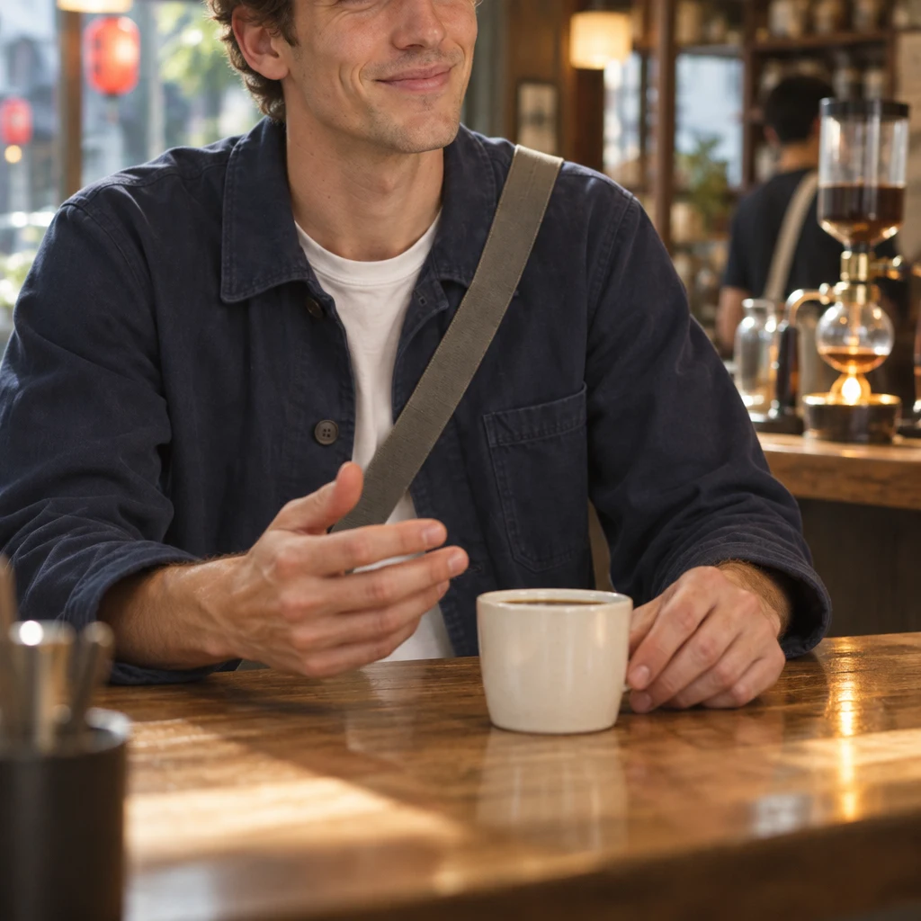 Leo rests his hands beside his coffee cup during a calm conversation about staying up late.