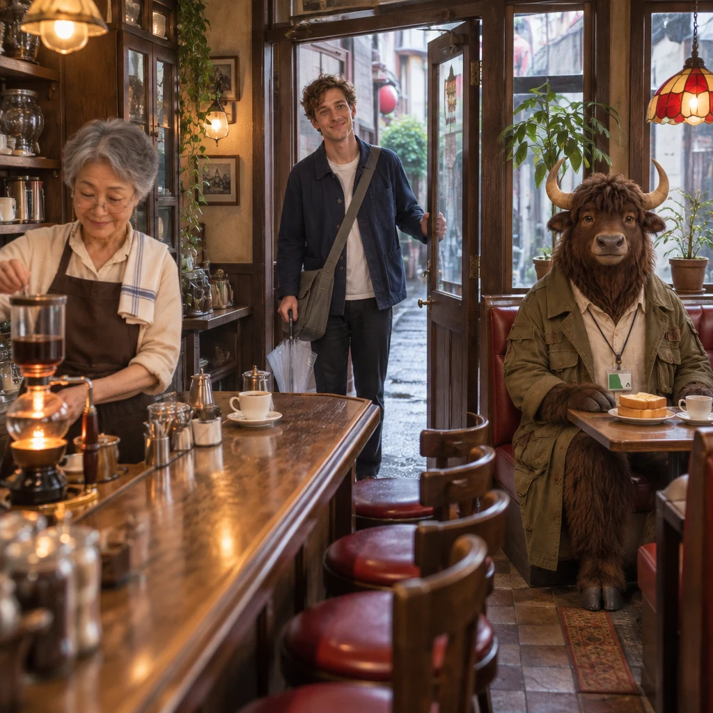 Masako works at the siphon as Leo enters and Goro waits in the corner booth.