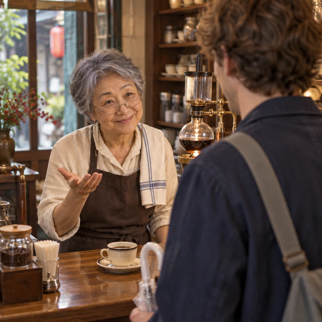 Masako gestures to Leo at the counter as she asks about his routine before work.