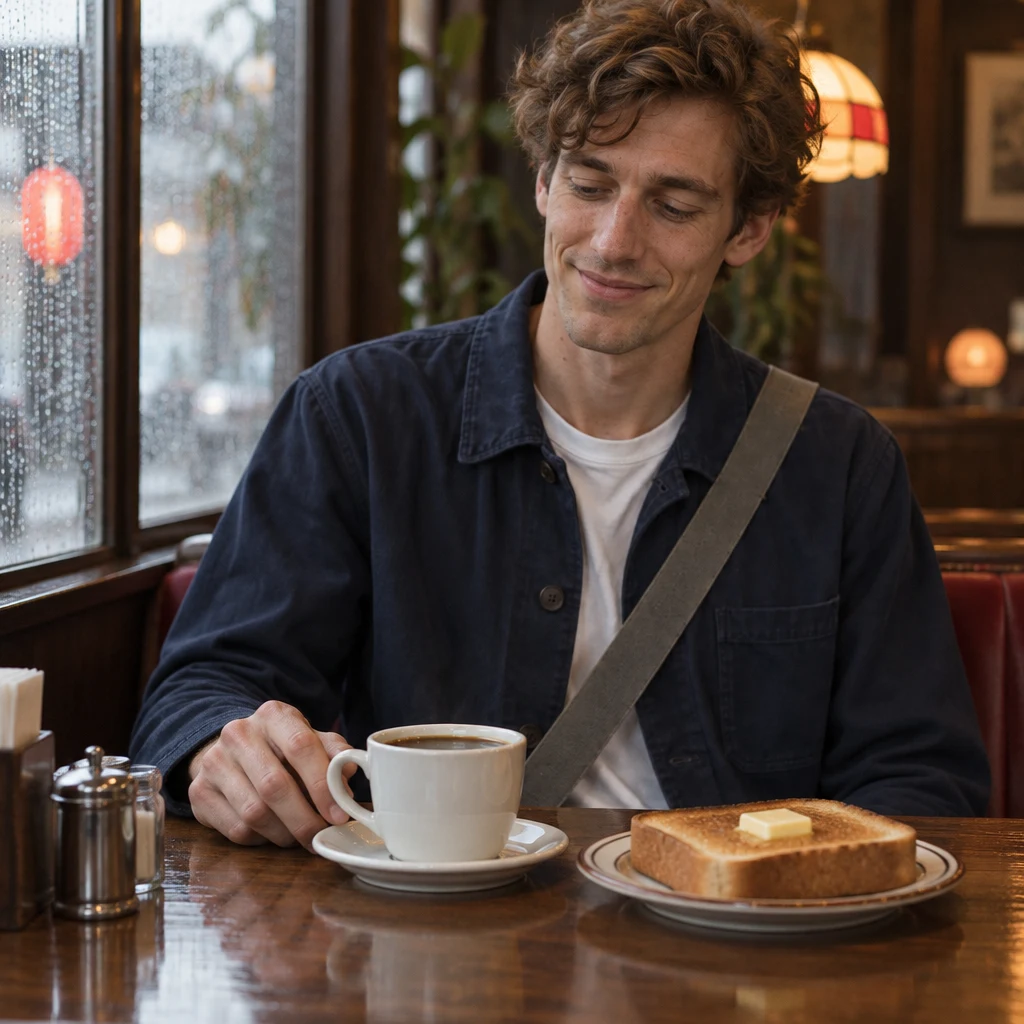 Leo's hand pauses beside the full coffee mug and thick toast.