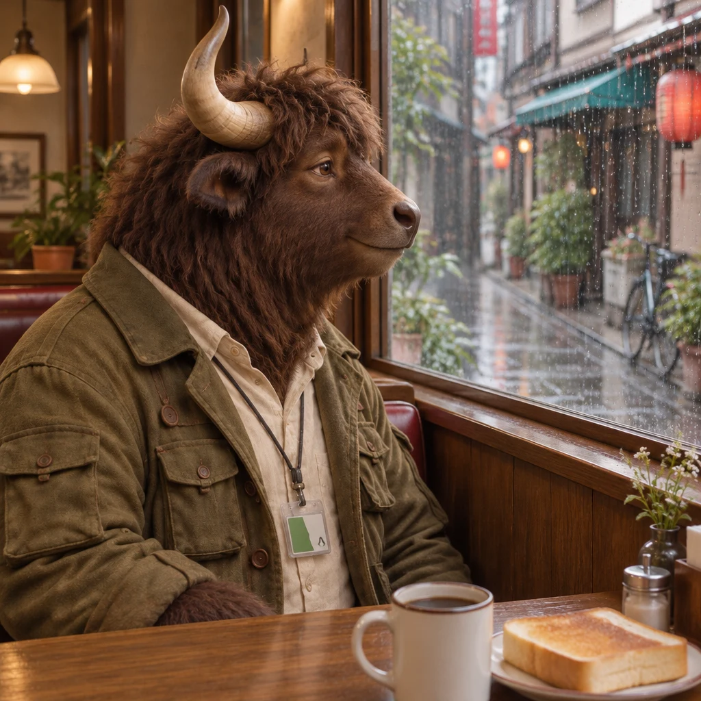 Goro sits comfortably in the booth and watches rain fall on the lane.