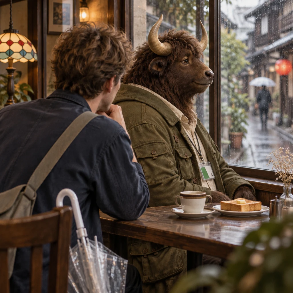 Leo turns toward Goro as Goro looks back out at the rain, his coffee still full.
