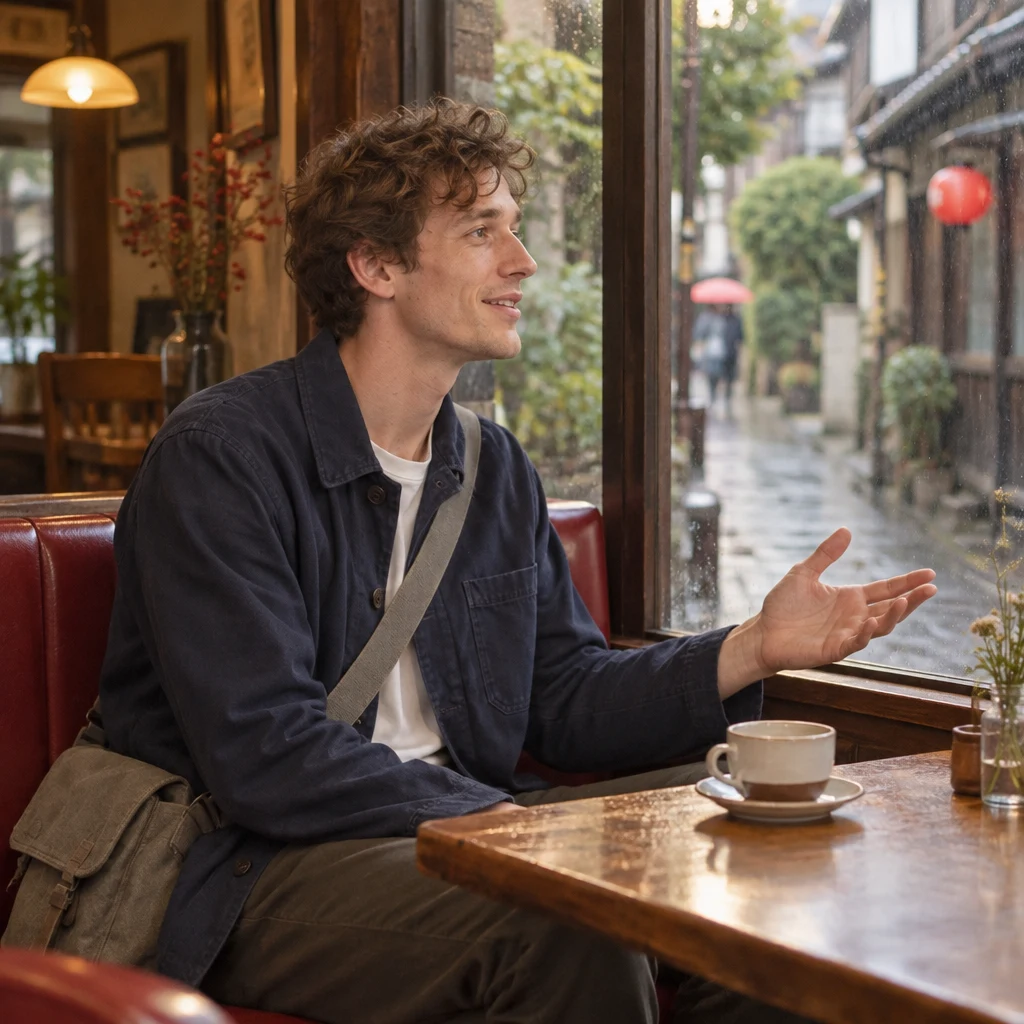 Leo gestures toward the wet lane as he explains why he chose Yanaka.
