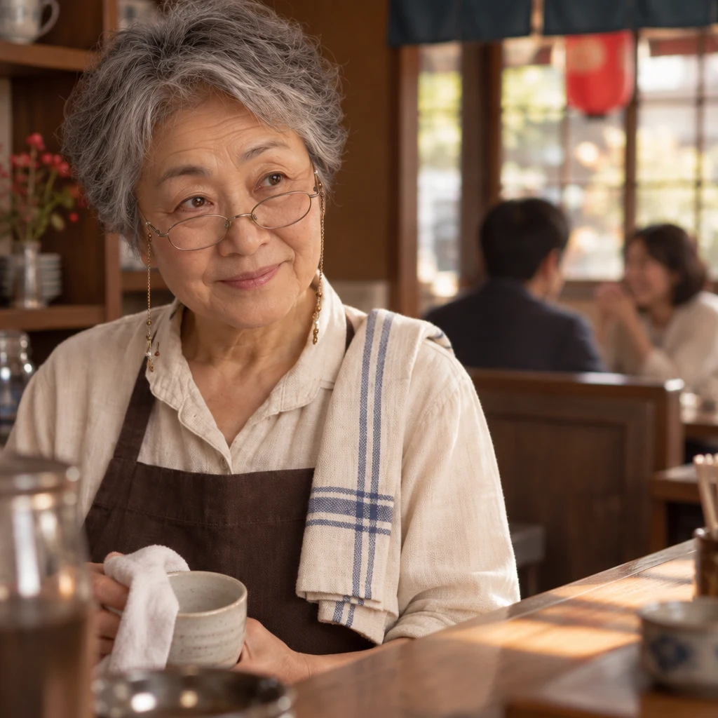 Masako pauses with a cup in hand and listens toward the booth.