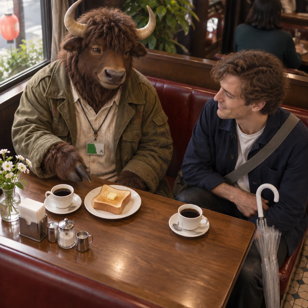 Goro indicates the thick buttered toast as a familiar example while Leo watches.