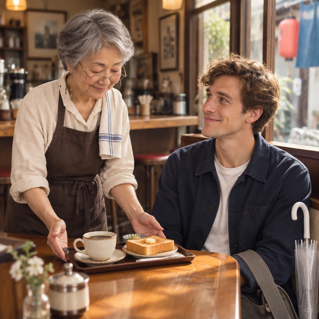Masako presents the coffee and toast while Leo watches from the booth.