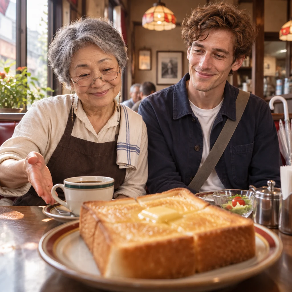Masako gestures beside the coffee saucer and toast as Leo follows her explanation.