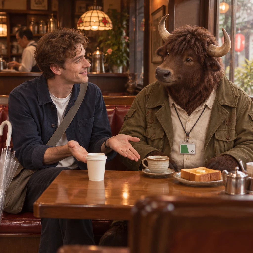Leo gestures toward a paper cup and Goro’s ceramic coffee as they compare the two cafés.