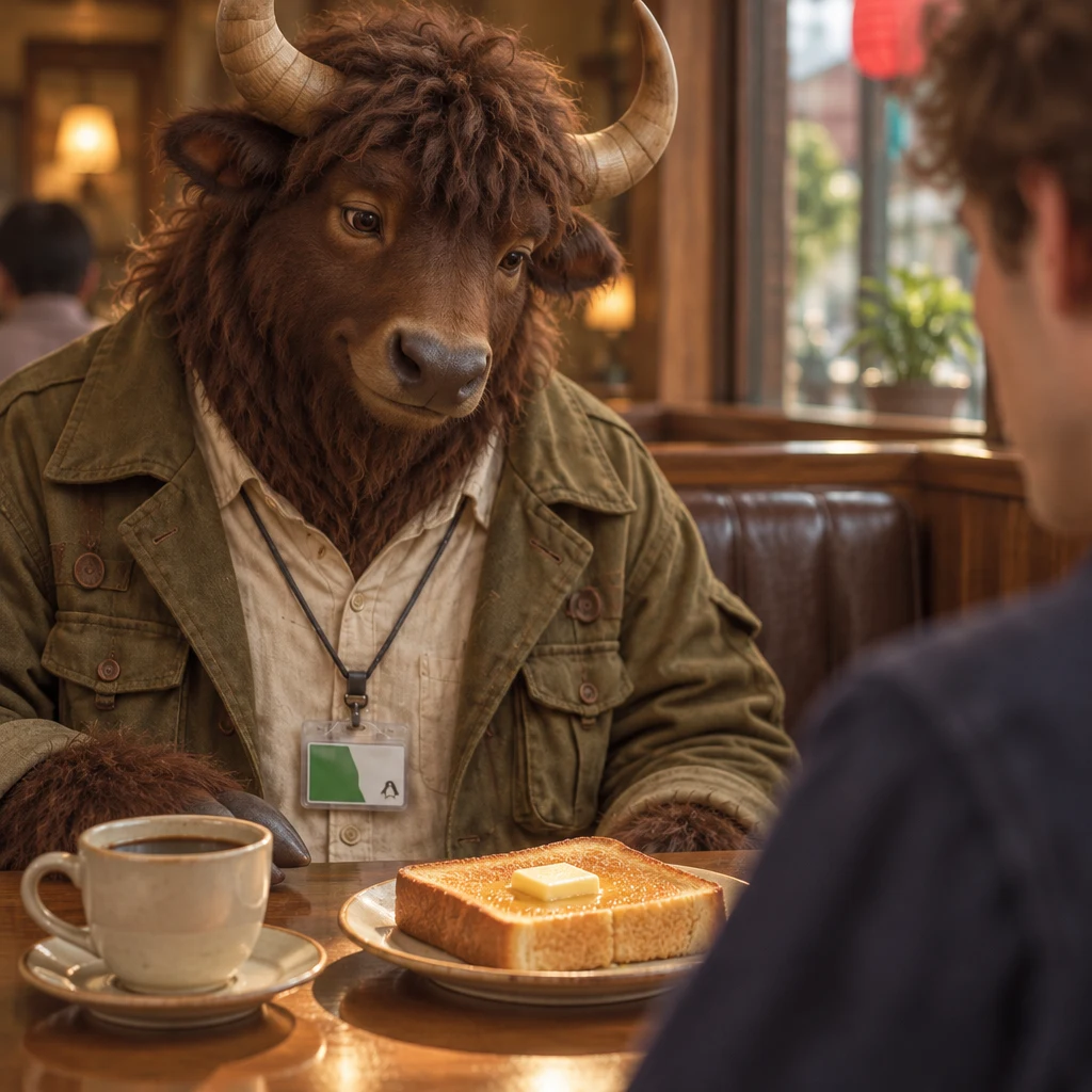 Goro looks from the coffee toward the thick toast while Leo remains partly visible opposite him.