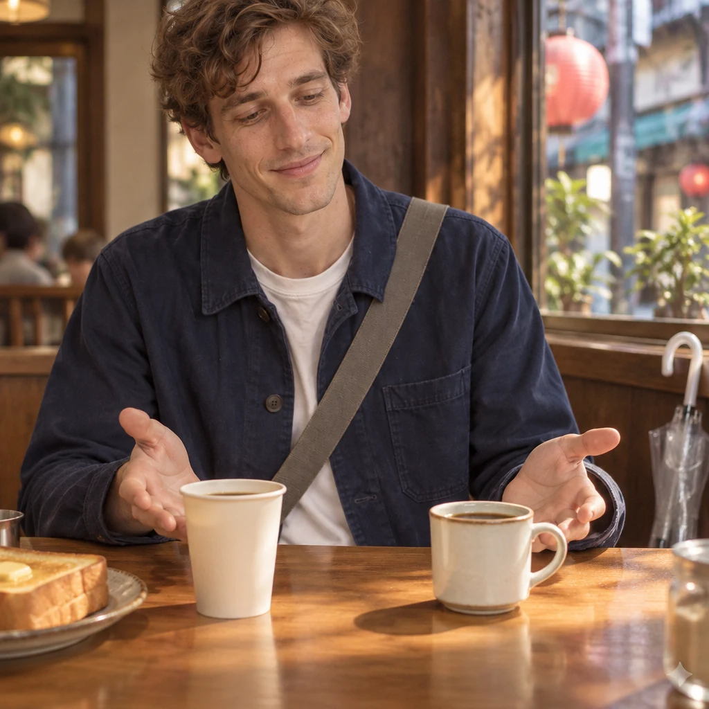 Leo’s hands hover between the paper cup and ceramic coffee as he weighs what matters to him.