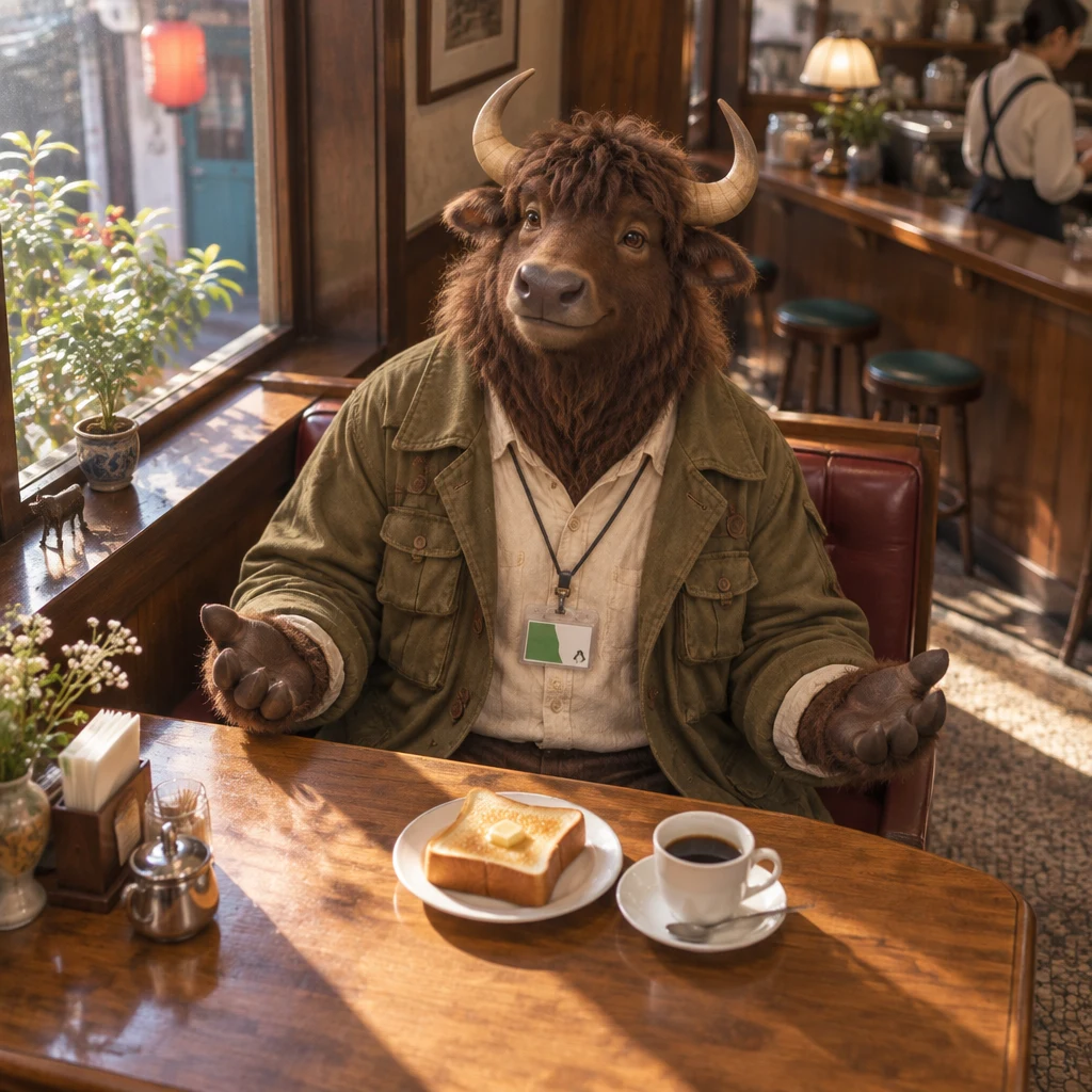 Goro rests his arms open on the table and looks around the café beside his toast and coffee.