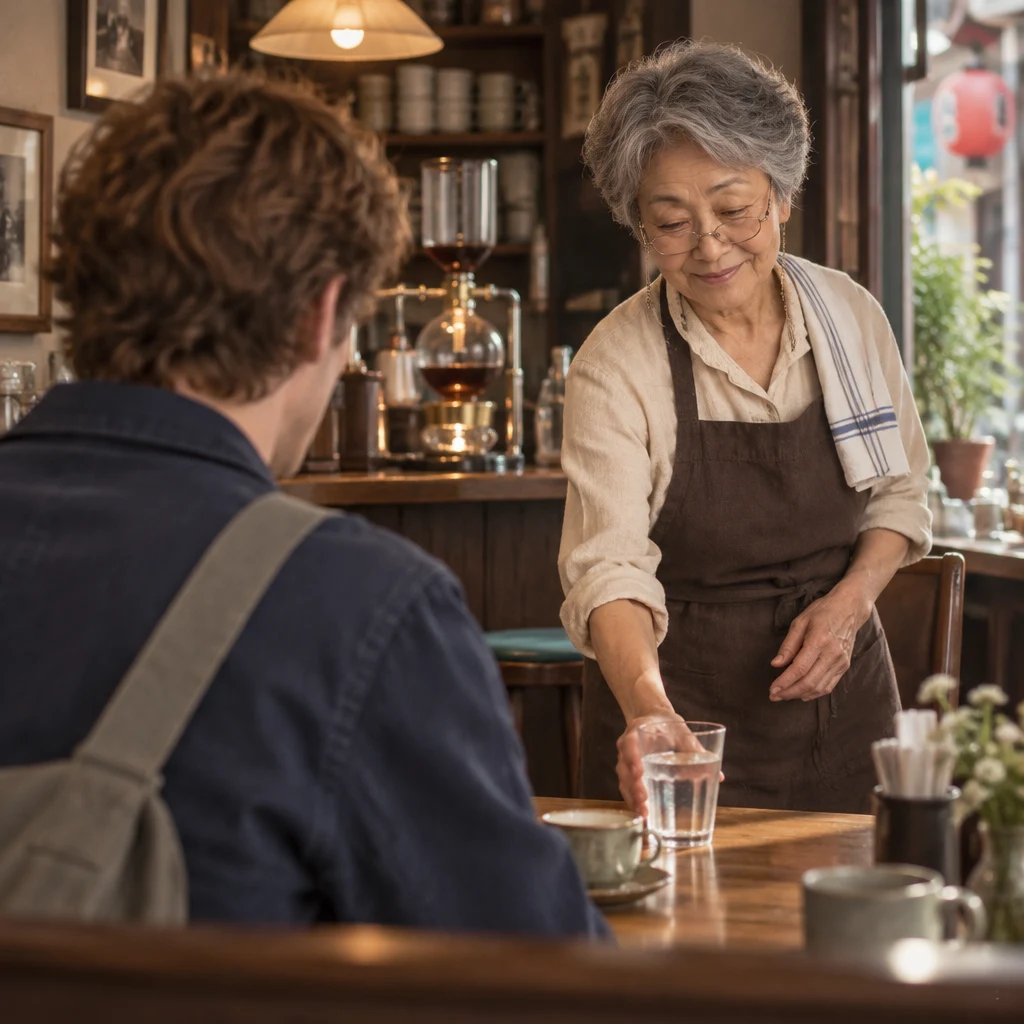 Over Leo’s shoulder, Masako sets down a glass of water beside him while the siphon stands on the counter.