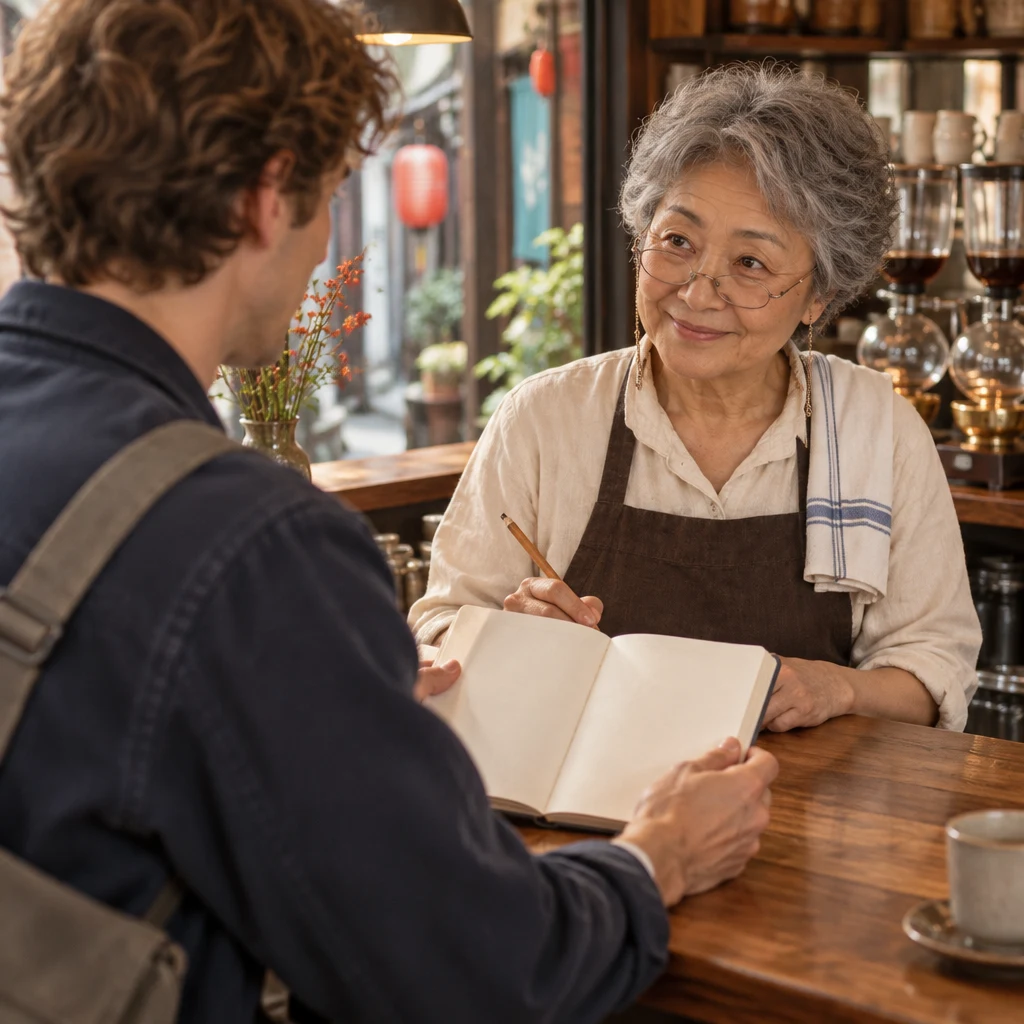 Leo turns his open notebook toward Masako at the wooden counter.
