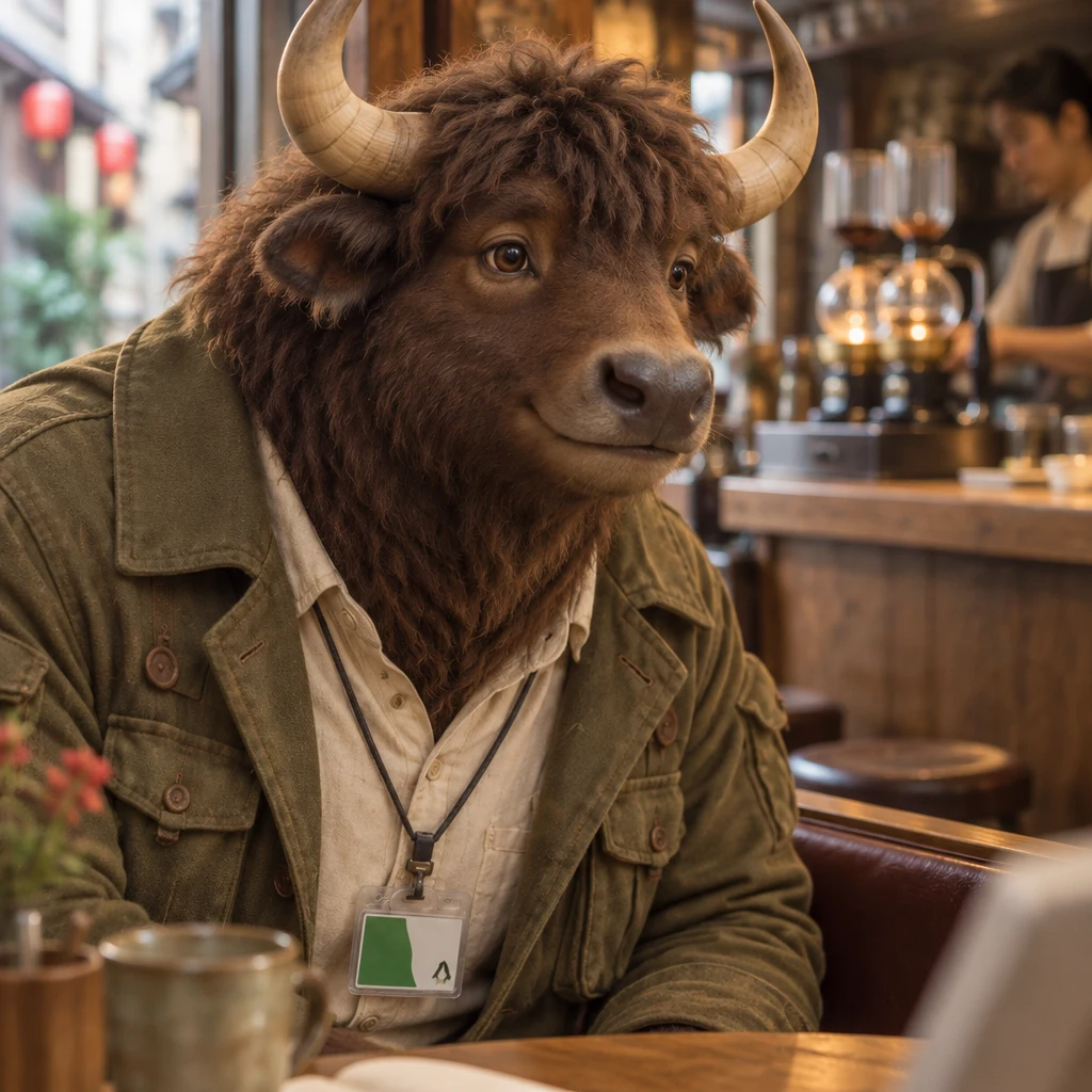 Goro leans toward the counter from the corner booth to watch the page.