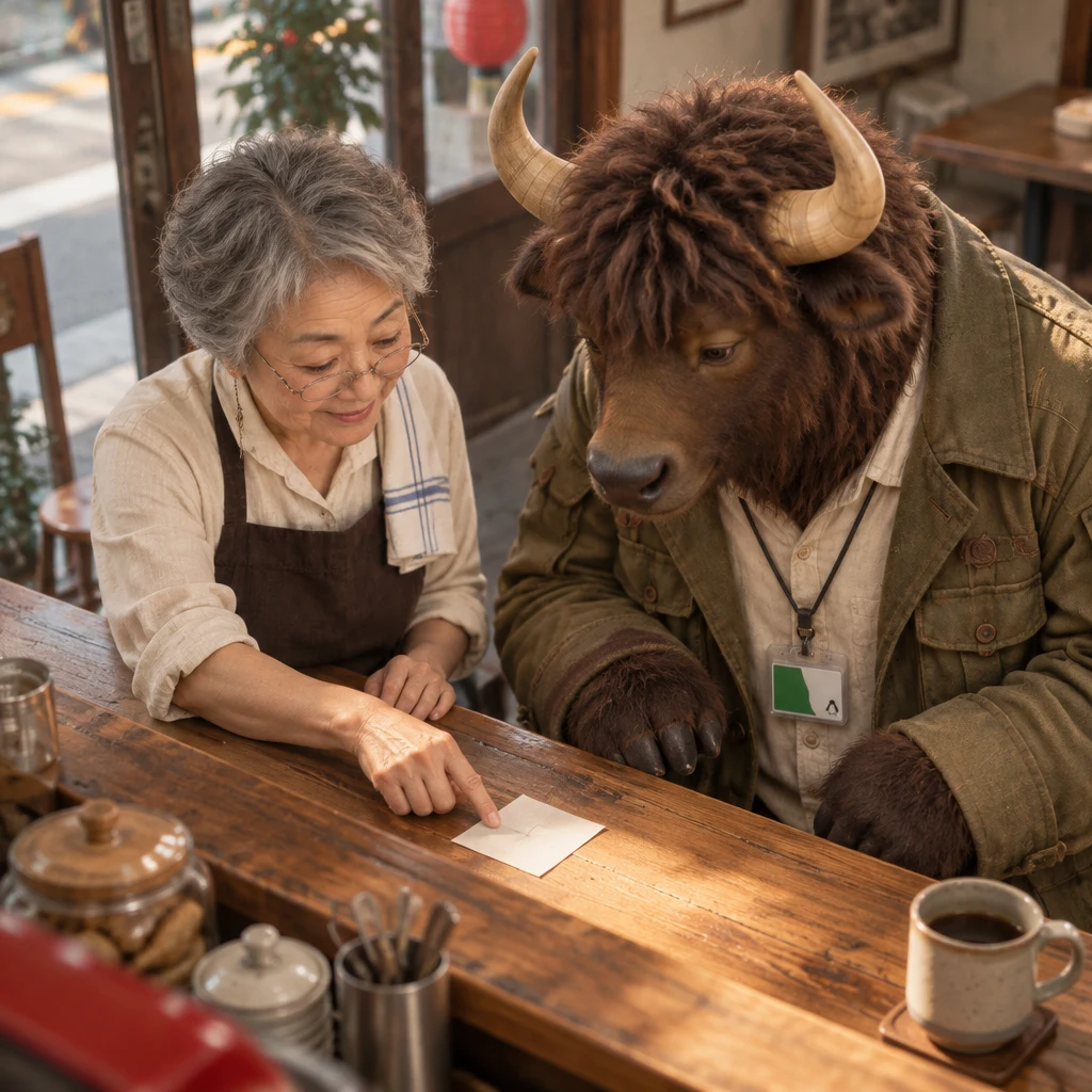 Masako points to an indistinct pencil mark on the slip as Goro leans in to inspect it.