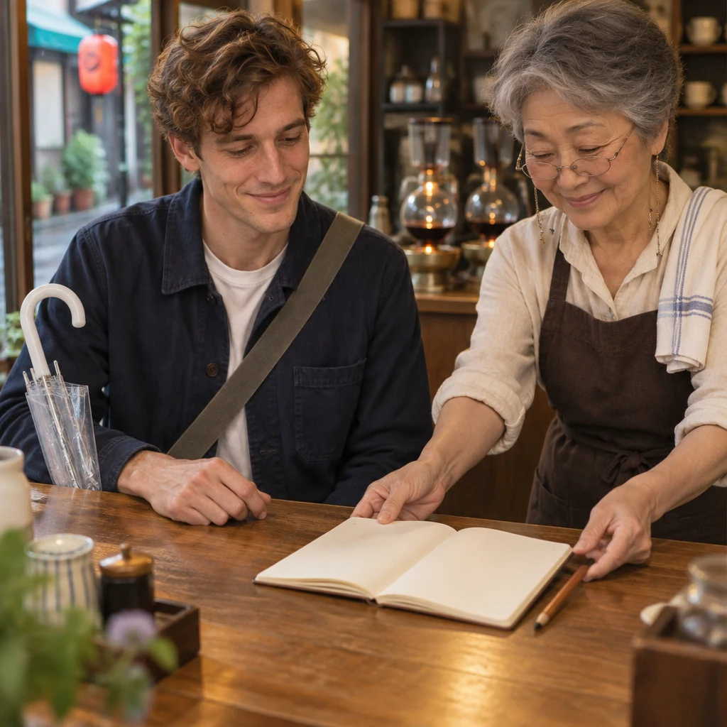 Masako slides the open notebook and pencil toward Leo at the counter.