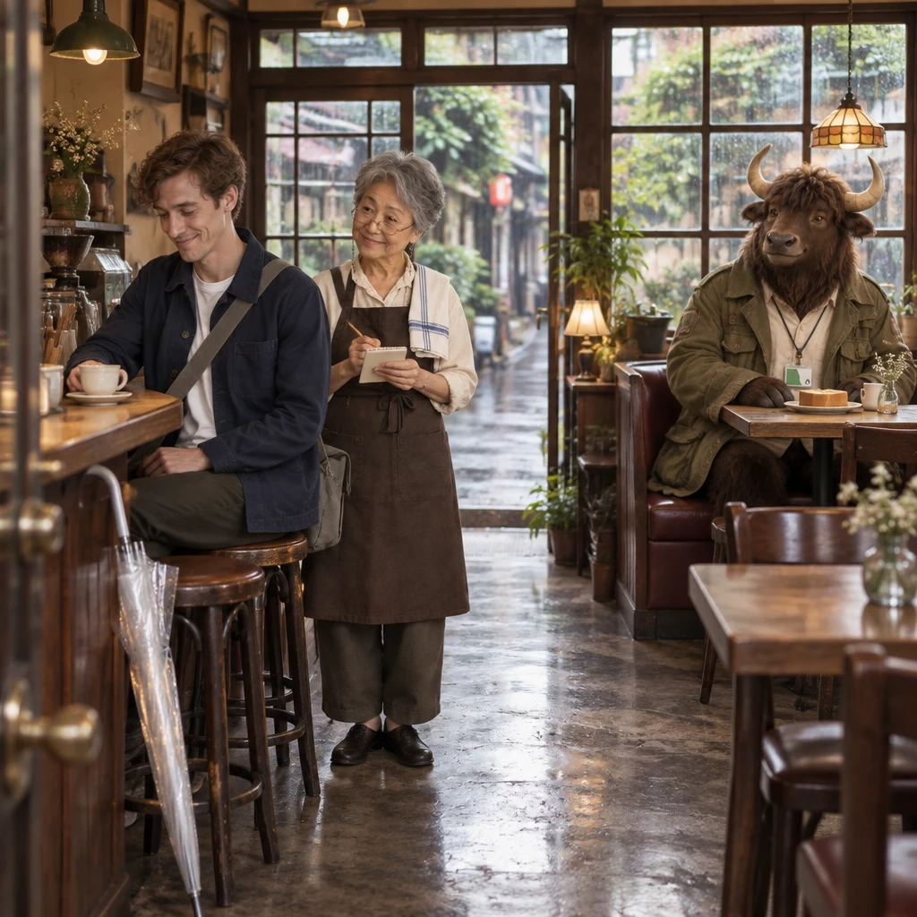 Leo settles at the counter as Masako waits with a pencil and Goro looks up from toast in the corner booth.