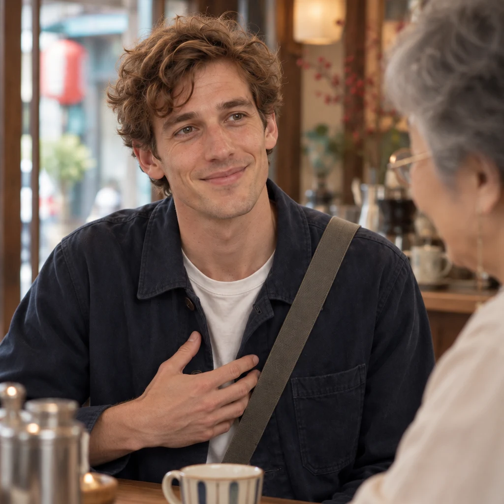 Leo answers Masako with his name, one hand near his chest.
